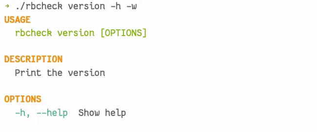 rbcheck help printed with dry-cli-help: a title, colored headings and wrapped descriptions