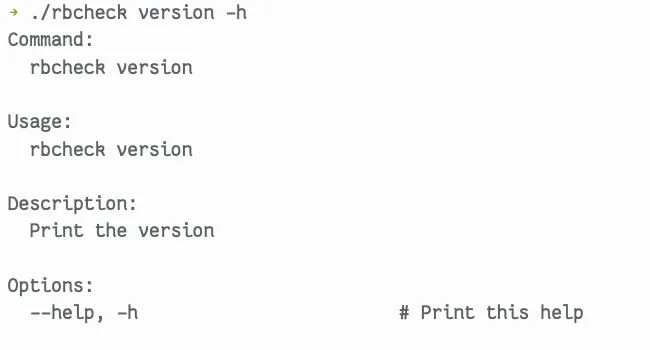 rbcheck help printed by dry-cli alone: plain text, one long unwrapped line
